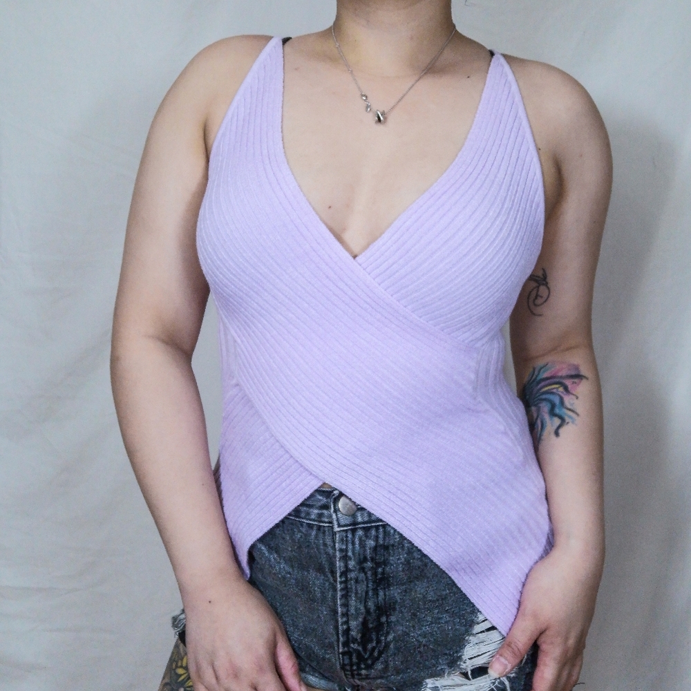 Urban Behavior Collection Lilac Ribbed Tank Top  Deep Vneck and Crisscross Front